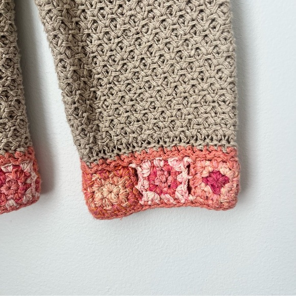 J Jill Linen Open Knit Crochet Cardigan Beige Granny Square Size Medium Petite - Picture 3 of 11